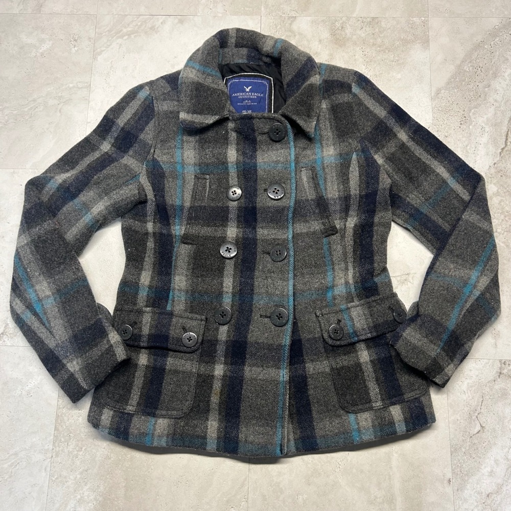American Eagle Plaid Wool Blend Pea Coat Grey Teal Womens Medium Double Breasted